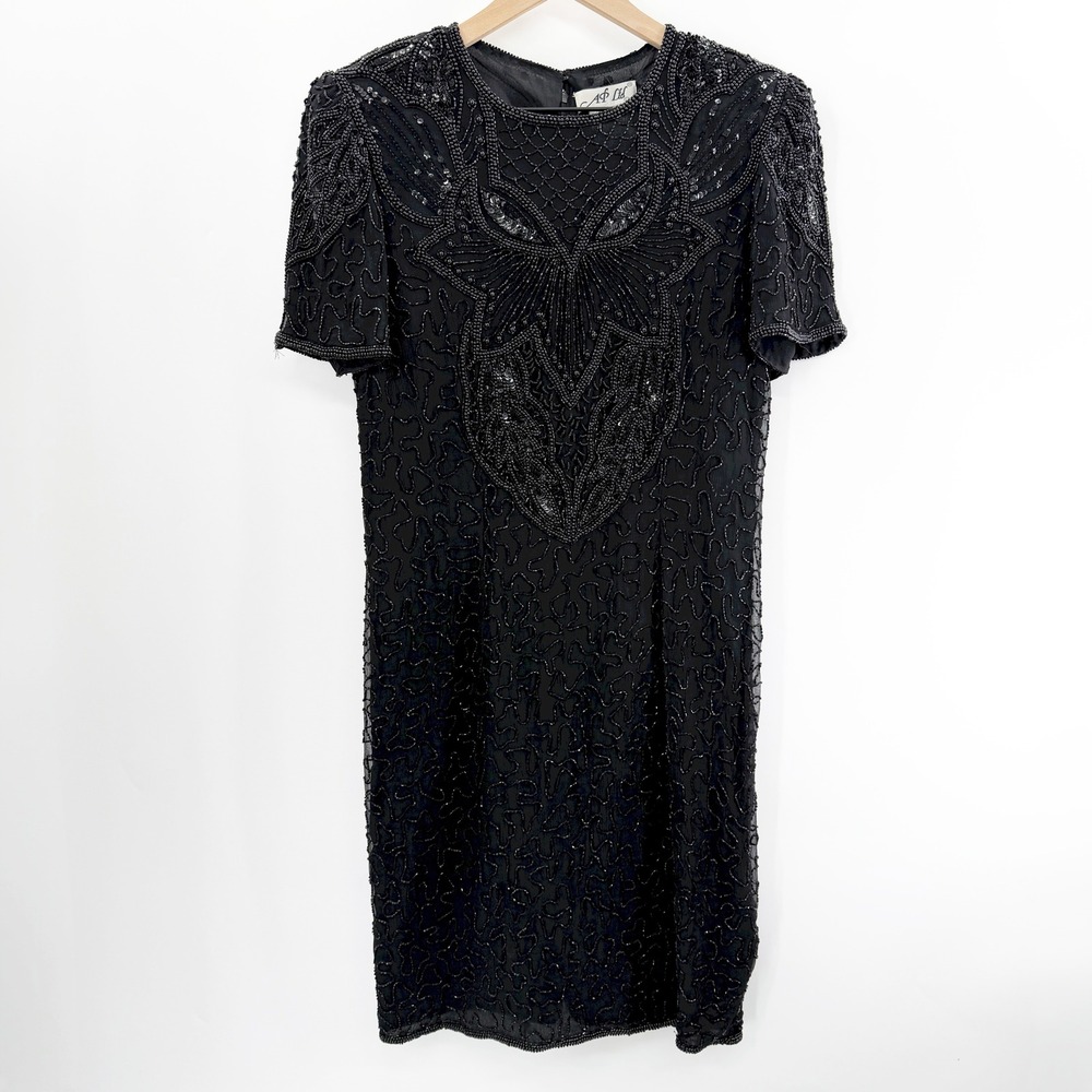Vintage 90s Silk‎ Hand Beaded Short Sleeve Midi Dress in Black Size 12